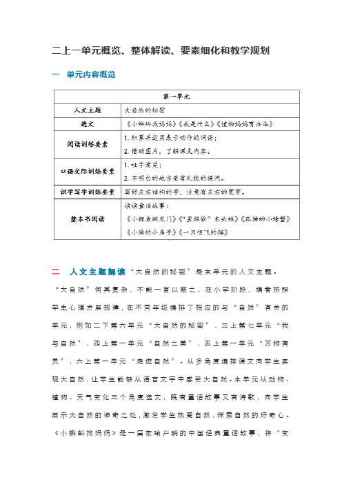 部编版二年级语文上册一单元概览、整体解读、要素细化和教学规划