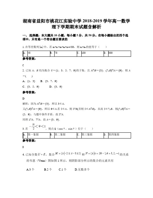 湖南省益阳市桃花江实验中学2018-2019学年高一数学理下学期期末试题含解析