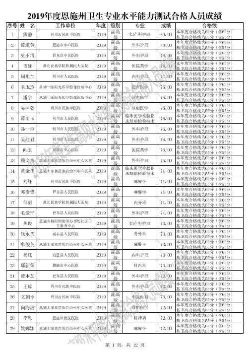 2019年度恩施州卫生专业水平能力测试合格人员成绩