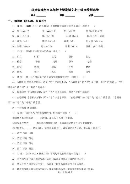 福建省漳州市九年级上学期语文期中综合检测试卷