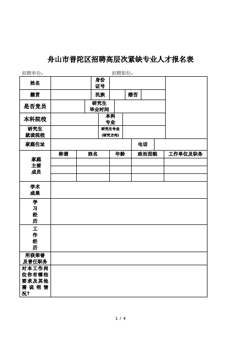 舟山市普陀区招聘高层次紧缺专业人才报名表