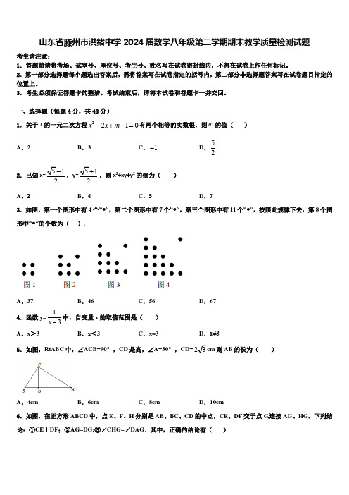 山东省滕州市洪绪中学2024届数学八年级第二学期期末教学质量检测试题含解析