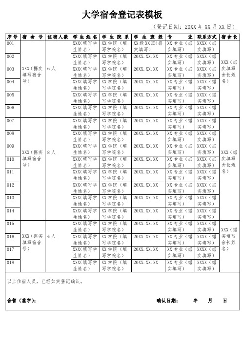 大学宿舍登记表模板