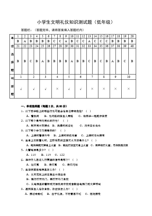 小学生文明礼仪知识测试题(低年级)