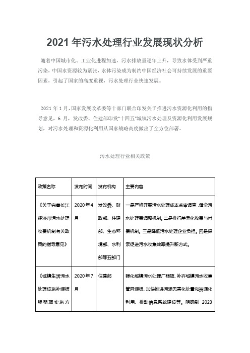 2021年污水处理行业发展现状分析