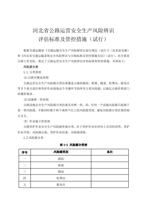 河北省公路运营安全生产风险辨识评价标准及管控措施试行