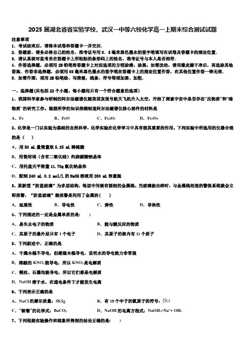 2025届湖北省省实验学校、武汉一中等六校化学高一上期末综合测试试题含解析