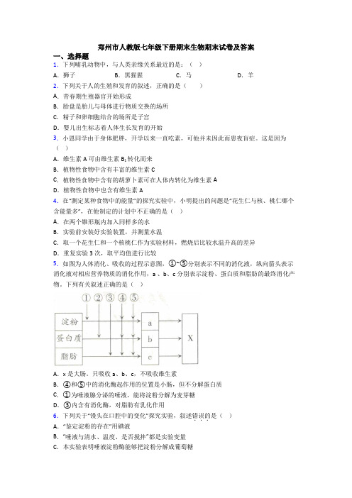 郑州市人教版七年级下册期末生物期末试卷及答案