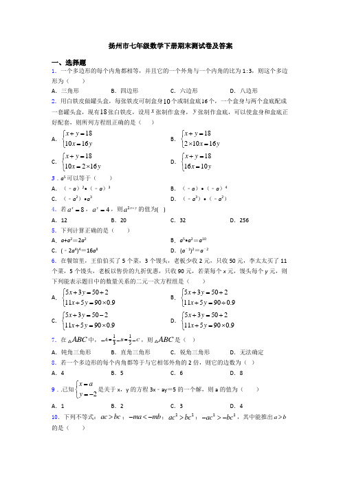 扬州市七年级数学下册期末测试卷及答案