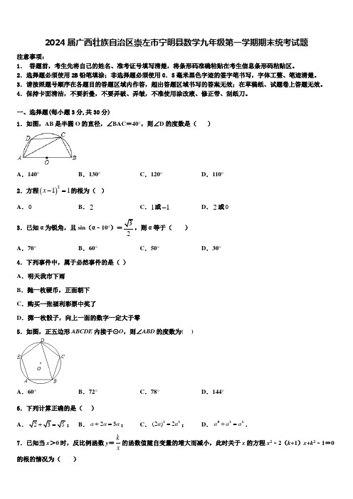 2024届广西壮族自治区崇左市宁明县数学九年级第一学期期末统考试题含解析