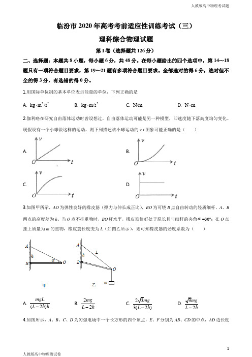 人教版高三下学期物理高考考前适应性考试三理综试题(原卷版)