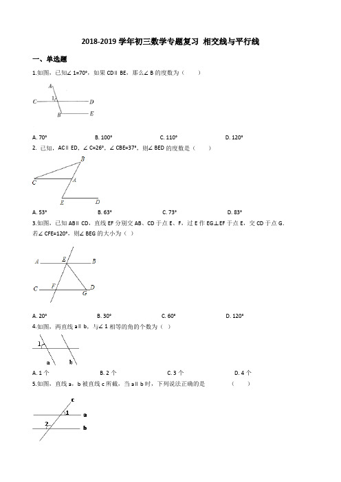 2019年中考数学《相交线与平行线》专题复习试卷(含答案)