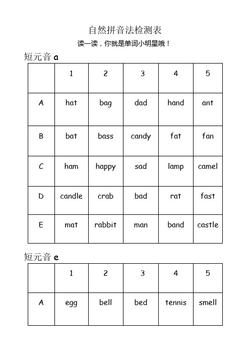 自然拼读法-短音a,e,i,o,u检测表