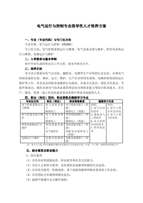 中等职业教育电气运行与控制专业指导性人才培养方案