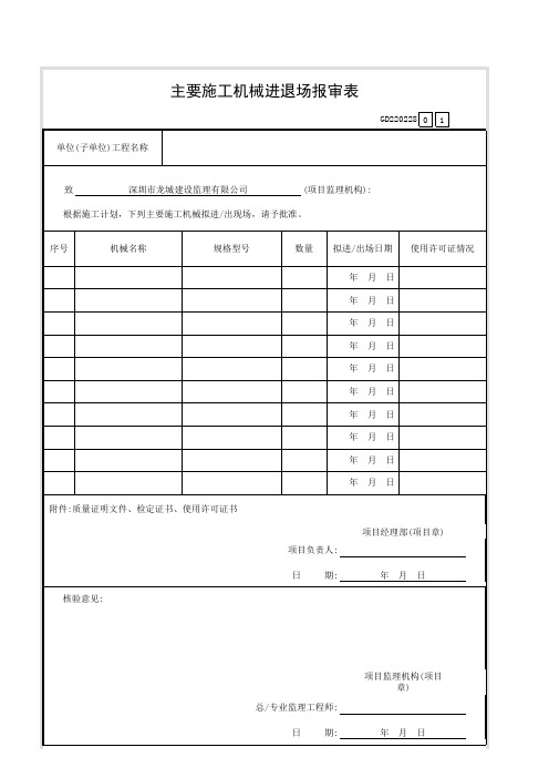 主要施工机械进退场报审表