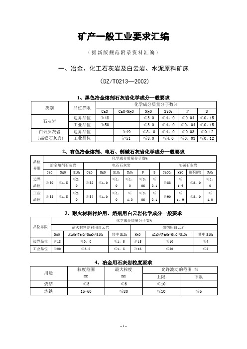 矿产一般工业品位要求