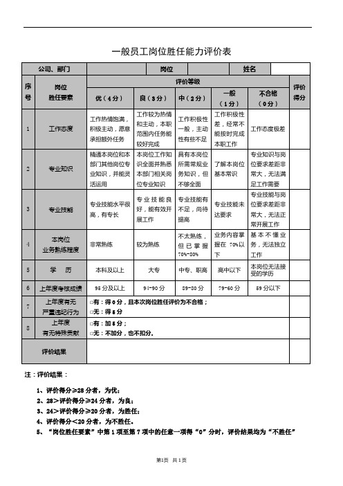 一般员工岗位胜任能力评价表