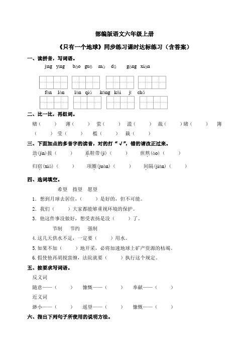 最新部编版语文六年级上册《只有一个地球》同步练习课时达标练习(含答案)