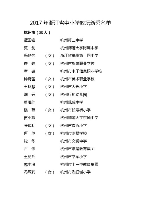 2017年浙江省中小学教坛新秀名单