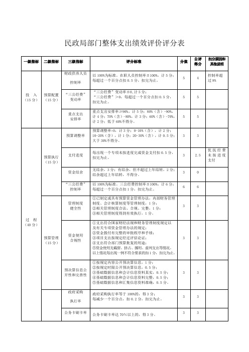 民政局部门整体支出绩效评价评分表