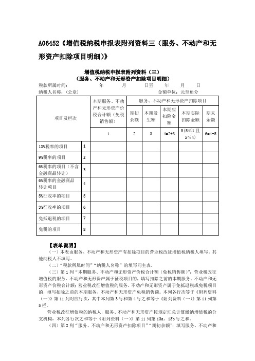 A06452《增值税纳税申报表附列资料三(服务、不动产和无形资产扣除项目明细)》