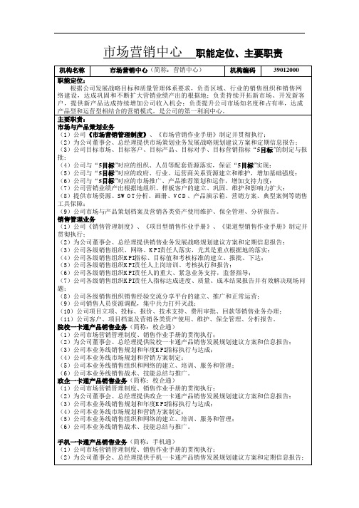 市场营销中心组织机构、职能定位、主要职责