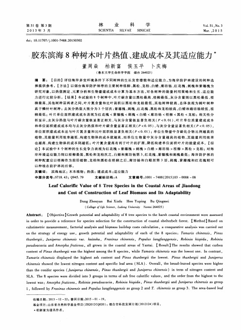 胶东滨海8种树木叶片热值、建成成本及其适应能力