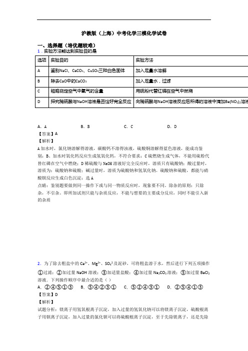 沪教版(上海)中考化学三模化学试卷