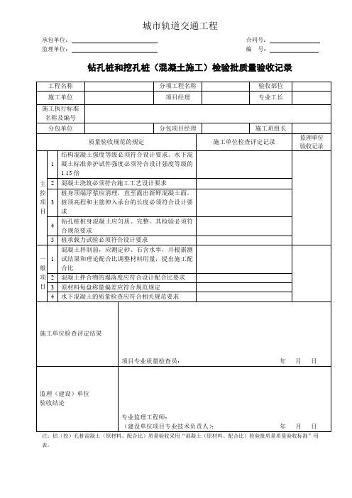 城市轨道交通工程钻孔桩和挖孔桩(混凝土施工)检验批质量验收记录