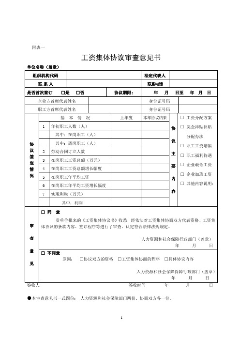 工资集体协议审查意见书