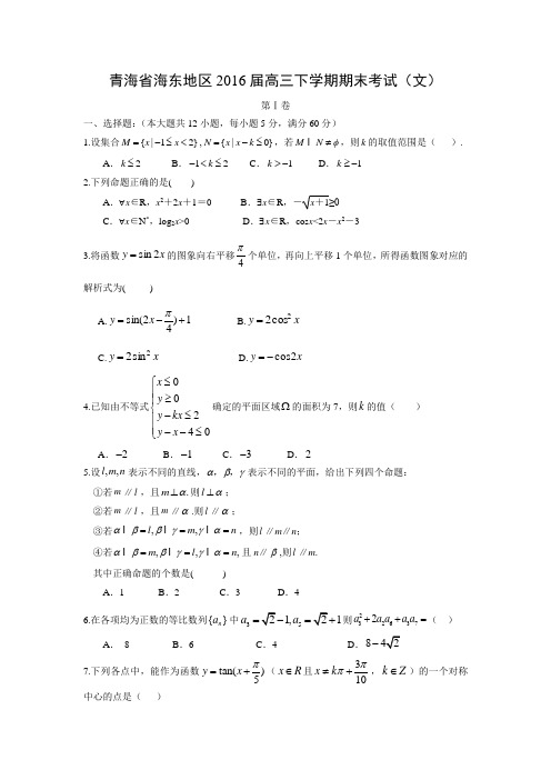 数学---青海省海东地区2016届高三下学期期末考试(文)