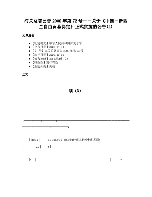 海关总署公告2008年第72号－－关于《中国－新西兰自由贸易协定》正式实施的公告(4)