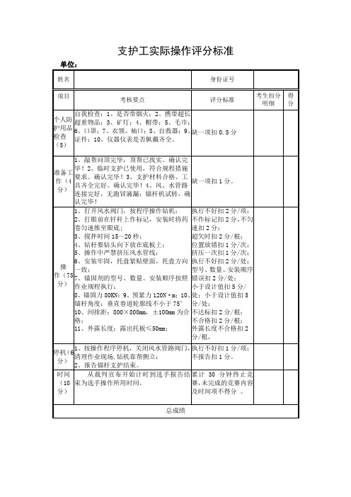 支护工实际操作评分标准