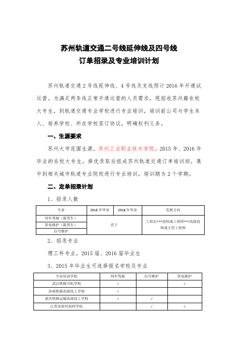 苏州轨道交通二号线延伸线及四号线订单招录及专业培训计划(苏州工业职业技术学院)