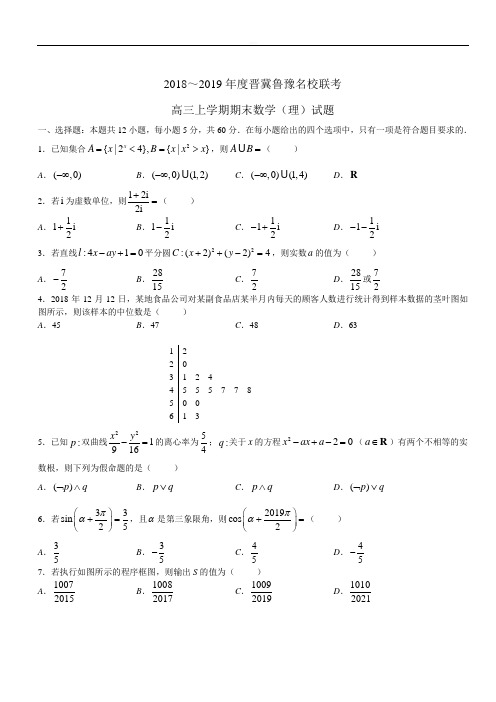 2018-2019年度晋冀鲁豫名校联考高三上学期期末数学理试题(WORD版)