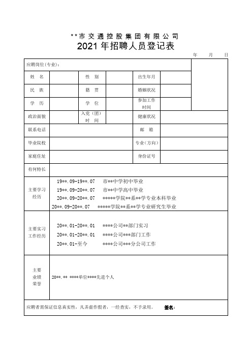 佳通控股2021年招聘人员登记表