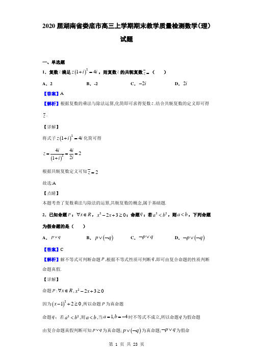 2020届湖南省娄底市高三上学期期末教学质量检测数学(理)试题(解析版)