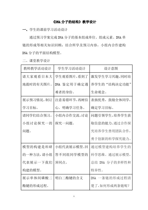 高中生物_DNA分子的结构教学设计学情分析教材分析课后反思