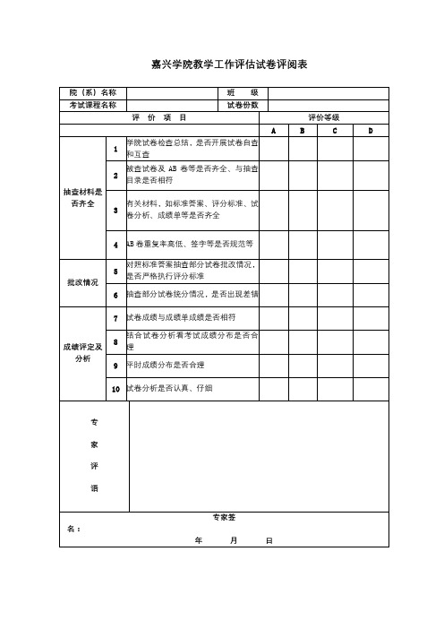 XX学院教学工作评估试卷评阅表【模板】