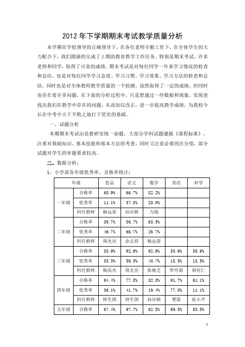 2012年下学期期末考试教学质量分析