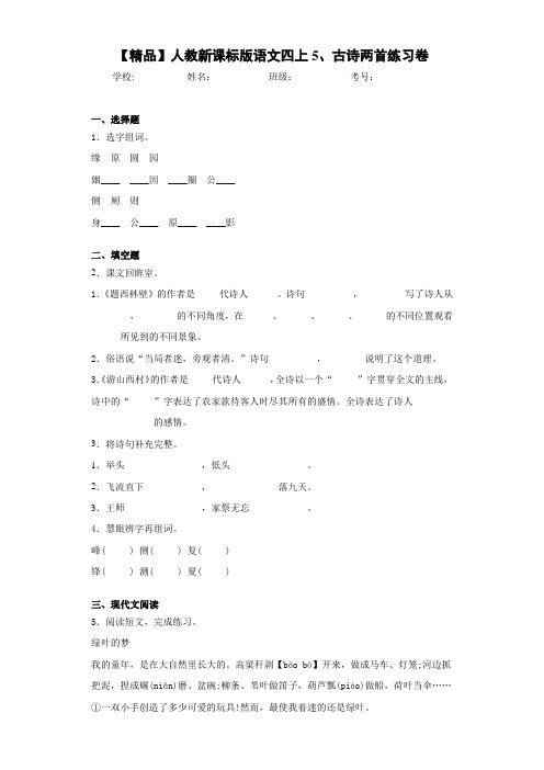 小学人教新课标版语文四上5、古诗两首练习卷(含答案解析)