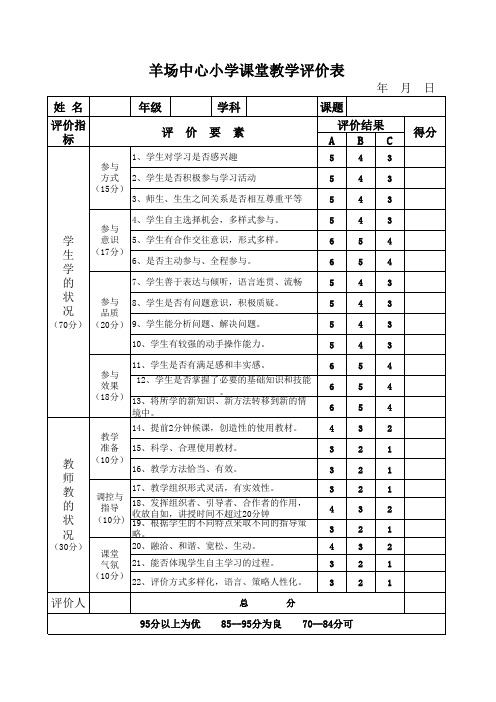 巴彦琥硕中心小学课堂教学评价表