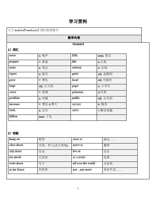 Module9-module12词汇短语复习 外研版英语八年级上册