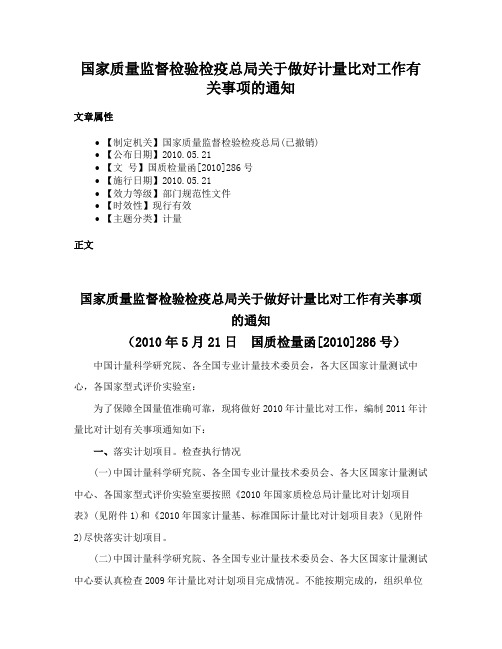 国家质量监督检验检疫总局关于做好计量比对工作有关事项的通知