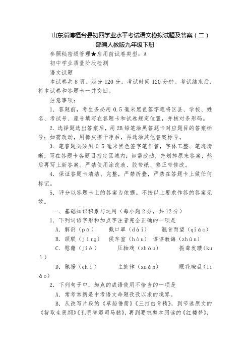 山东淄博桓台县初四学业水平考试语文模拟试题及答案(二)  部编人教版九年级下册