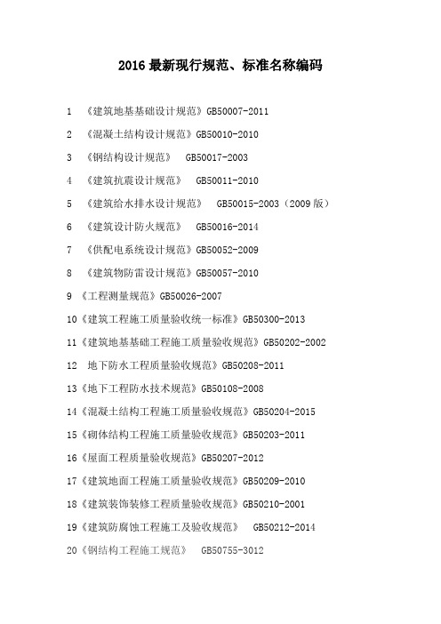 2016最新规范、标准名称编码