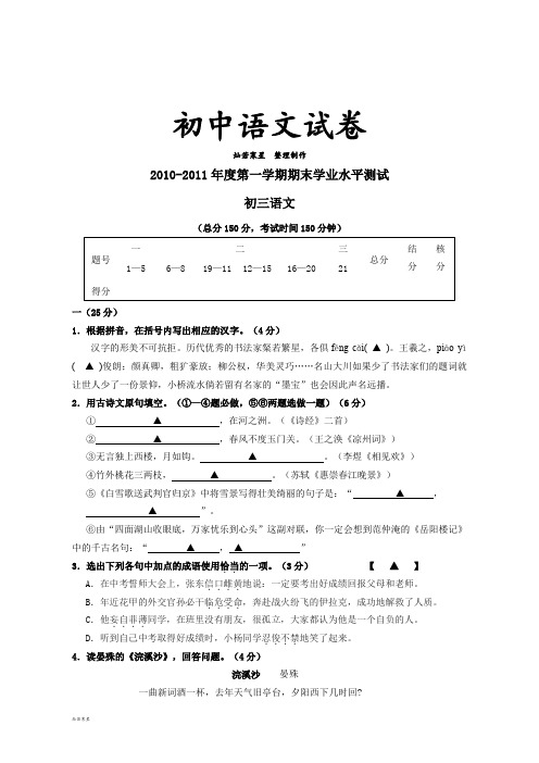 苏教版九上语文 期末学业水平测试 试题