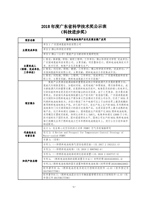 2018年度广东省科学技术奖公示表(科技进步奖)