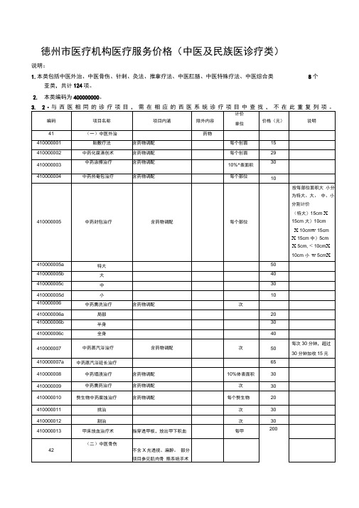 德州医疗机构医疗服务价格中医及民族医诊疗类