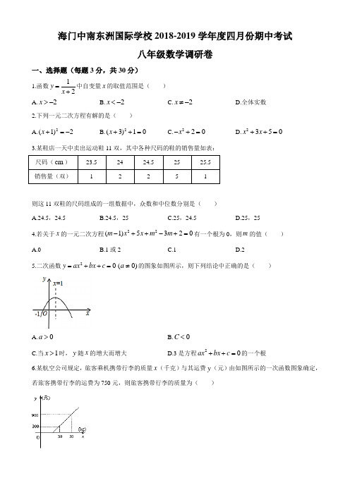 2019年江苏海门中南国际苏科版八年级下学期数学期中考试试卷  无答案